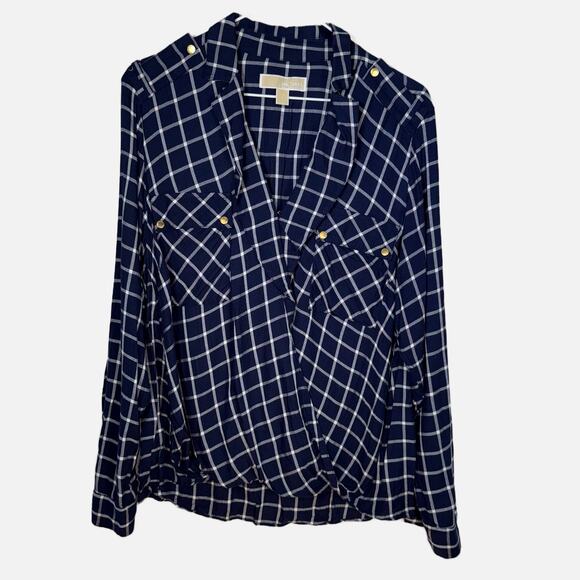 Michael Michael Kors Plaid Blouse Women’s L Navy White Gold Button Top Work - Picture 4 of 14
